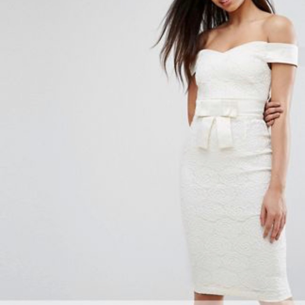 New white off the shoulder lace midi dress